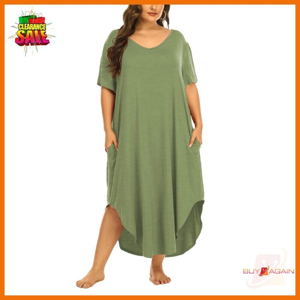 Plus Size Cotton Nightgown with Pockets, V-Neck, Loose Fit Sleep Dress